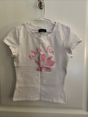 White Fox Boutique White Tee with Pink Floral Logo